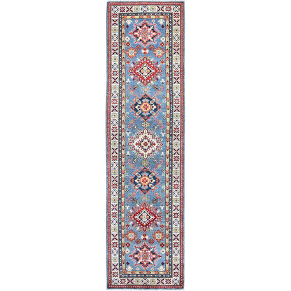 2'7"X9'9" Blue Kazak With Tribal Design Soft Wool Hand Knotted Runner Rug
