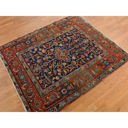 4'6"X5'6" Blue Antique Zoroastrian Heris Wide Serapi Borders Oriental Rug