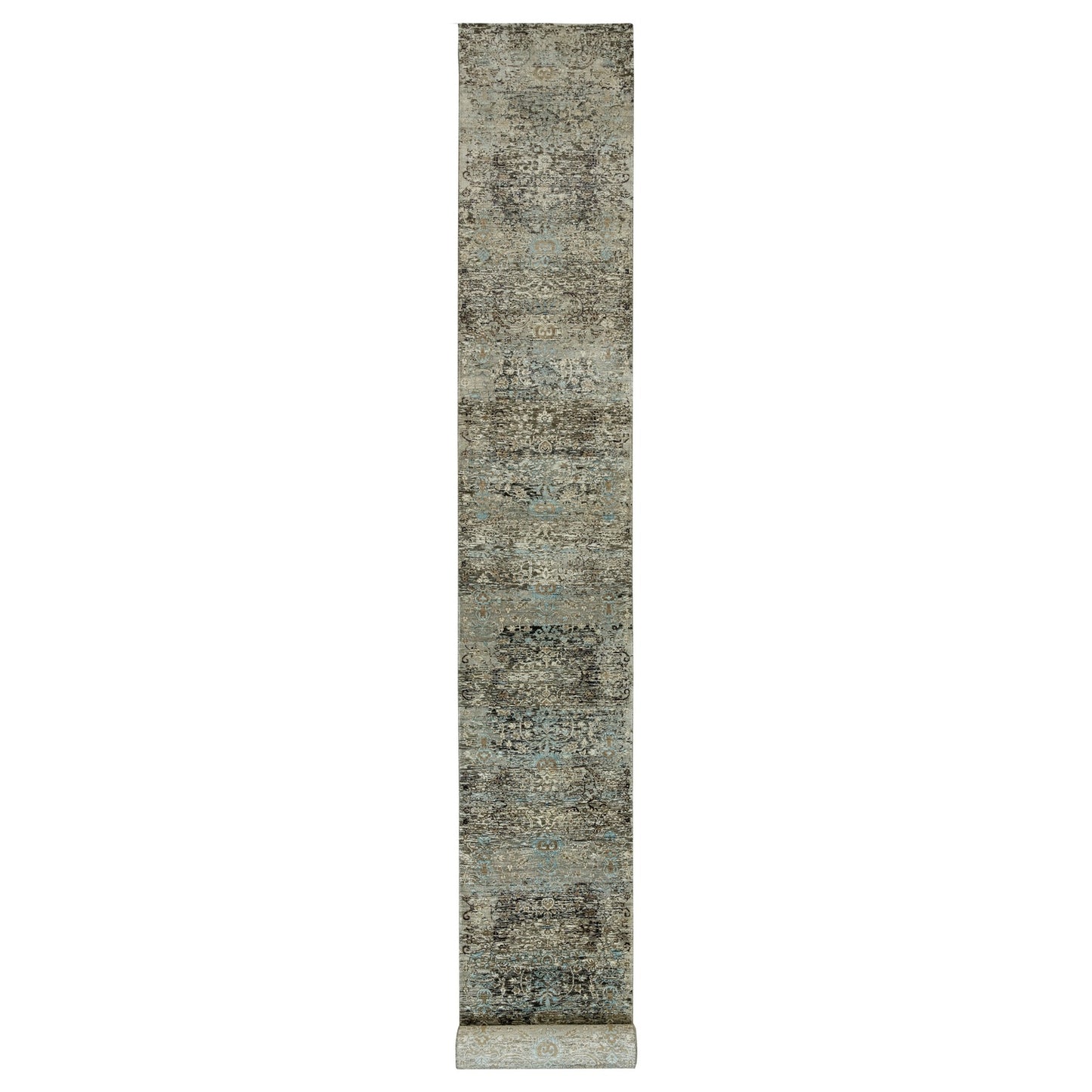 Rug 2'8"x23'10" Gray Transitional Hand Knotted Silk and Wool XL Runner