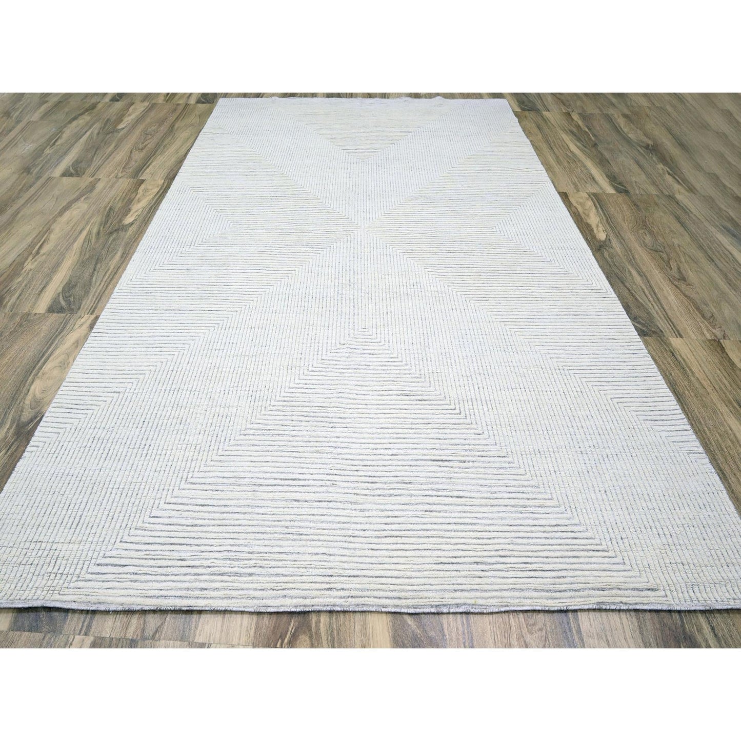 9'X12'1" White Geometric Variegated Line Design All Wool Hand Knotted Rug
