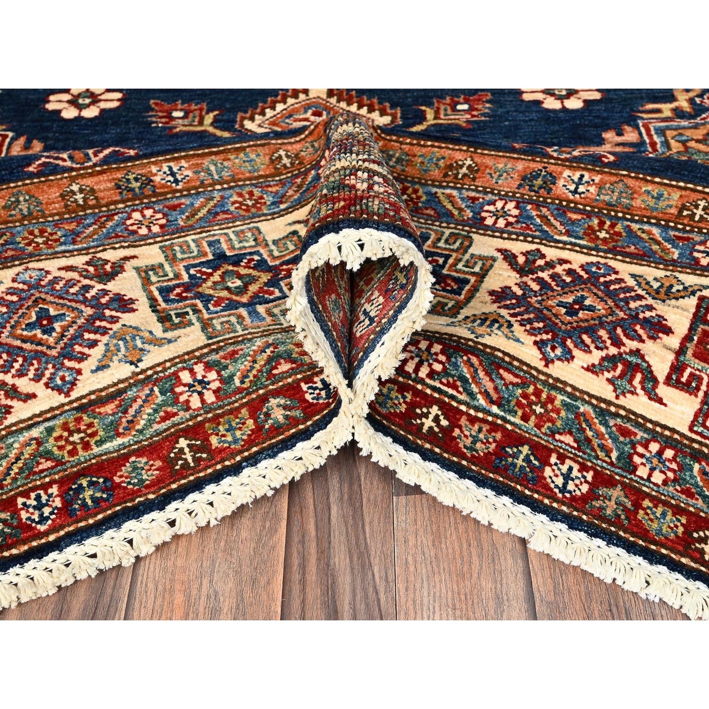 5'10"X8'10" Navy Blue Afghan Super Kazak Hand Knotted Soft Wool Rug