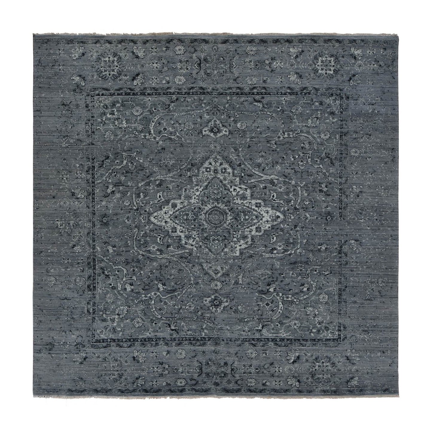 10'X10' Gray Zoroastrian Design Silk With Wool Hand Knotted Square Rug