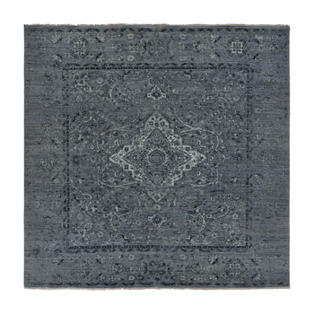 10'X10' Gray Zoroastrian Design Silk With Wool Hand Knotted Square Rug