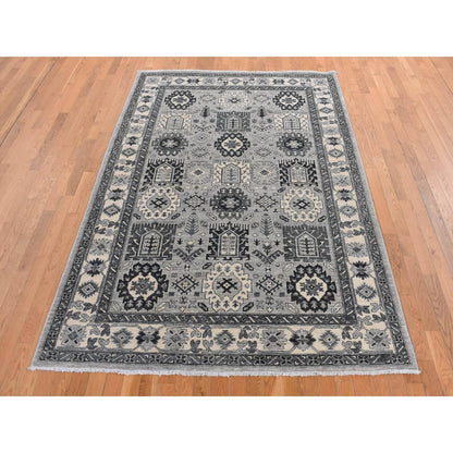 6'2"X9'2" Gray Pure Wool Hand Knotted Peshawar With Karjihooz Design Rug