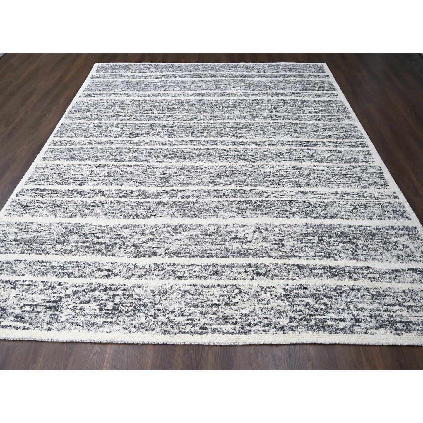 10'3"X14'1" Black And Ivory Modern Striae Design Wool Hand Knotted Rug