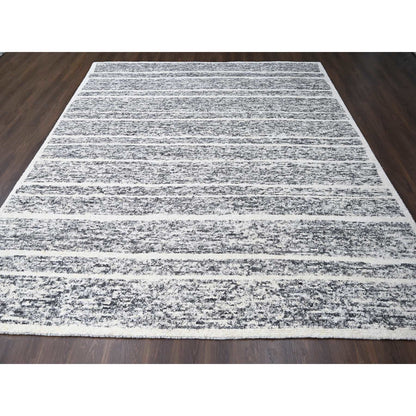 10'3"X14'1" Black And Ivory Modern Striae Design Wool Hand Knotted Rug
