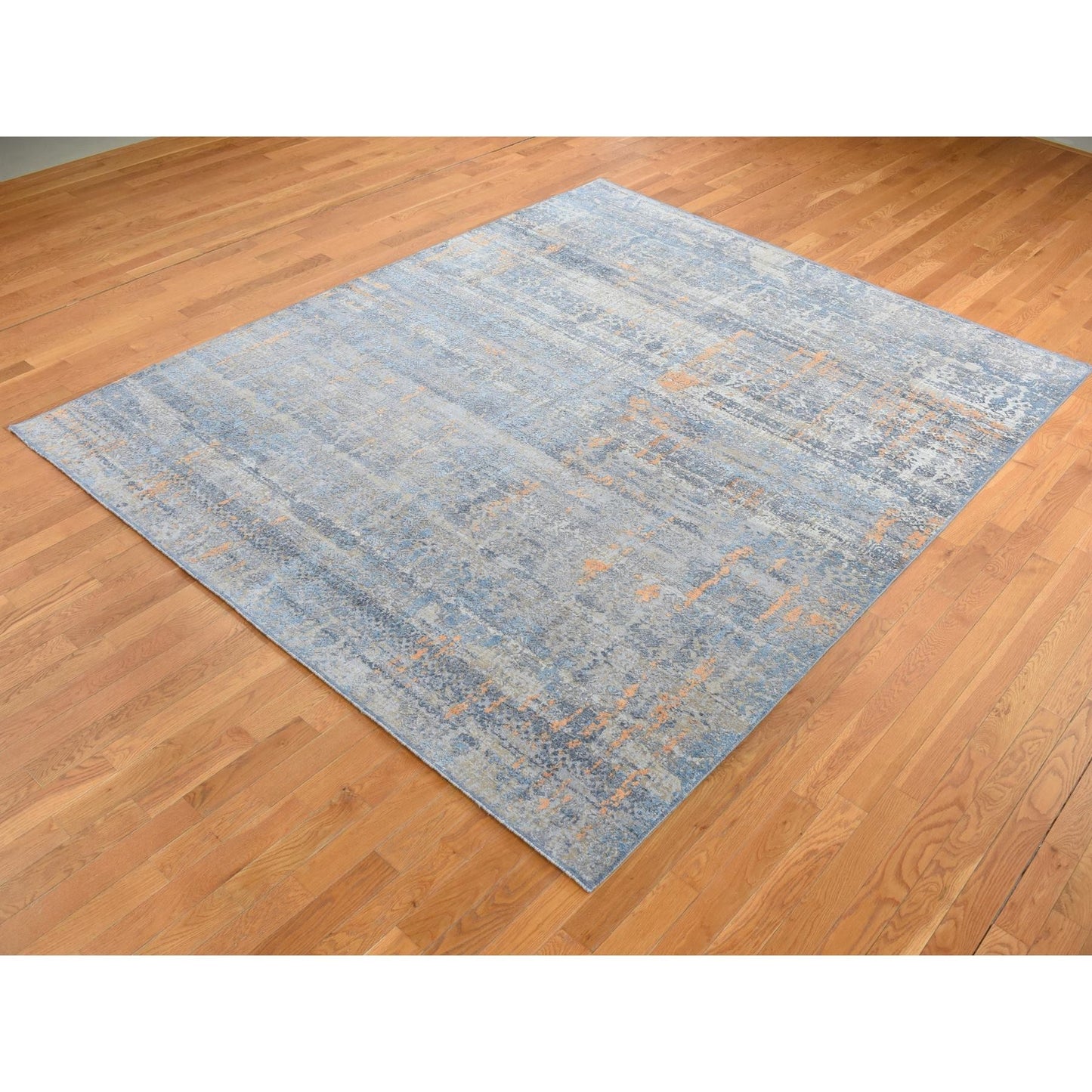 8'X10' Sky Blue Silk With Wool Modern Design Hand Knotted Rug