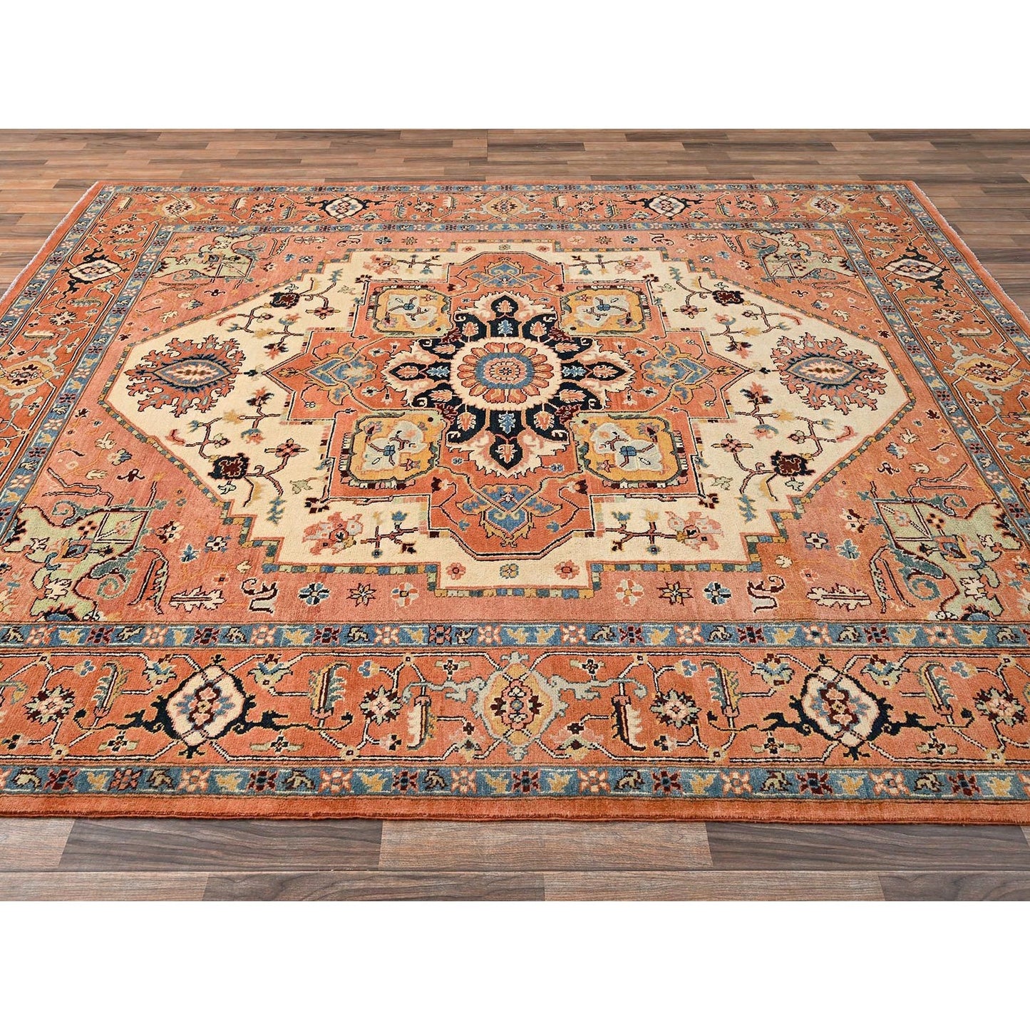 8'X9'7" Orange Afghan Peshawar Seeripe Heris Design Hand Knotted Wool Rug
