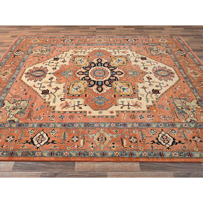 8'X9'7" Orange Afghan Peshawar Seeripe Heris Design Hand Knotted Wool Rug