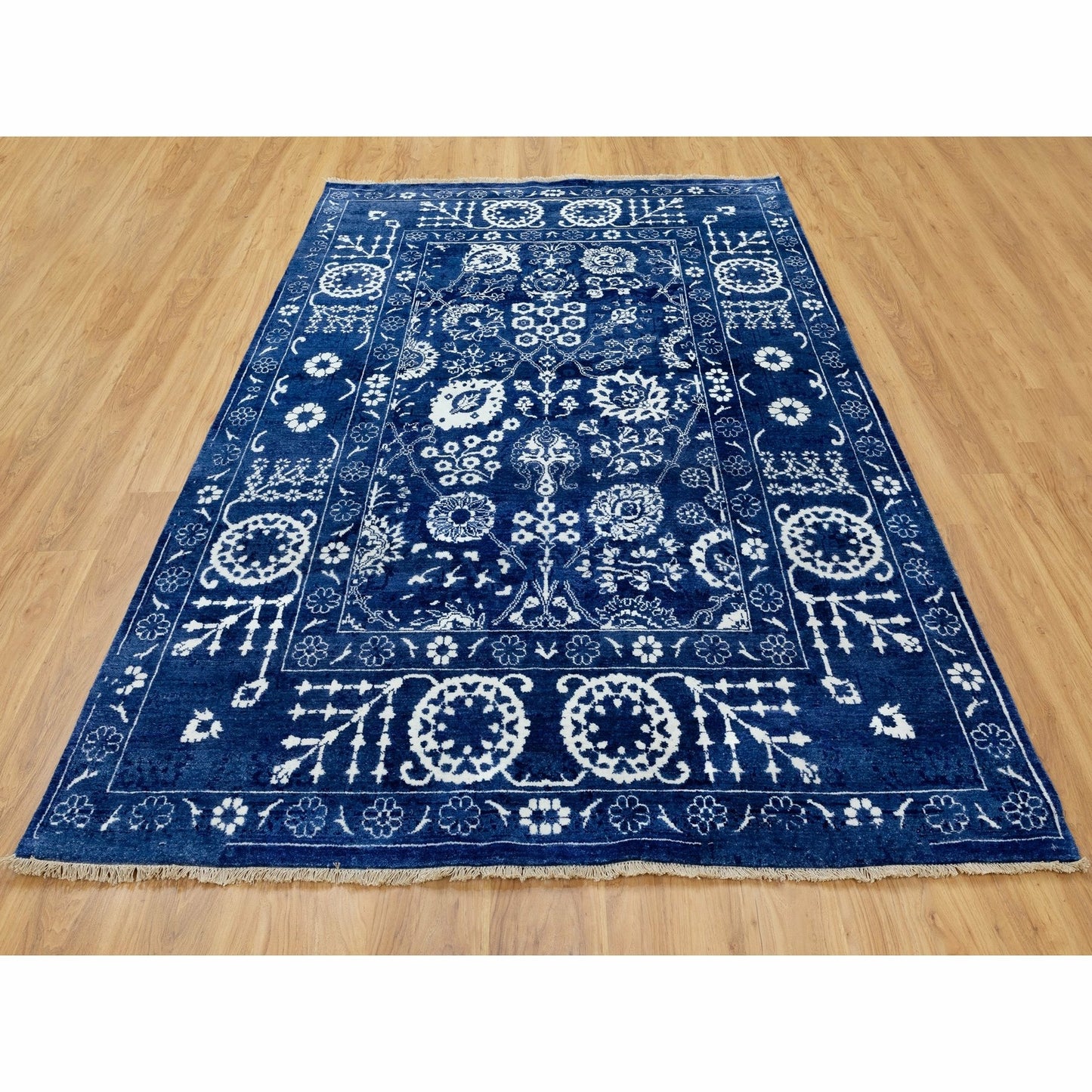 6'2"X9' Blue Hand Knotted Tone On Tone Wool And Silk Oriental Rug