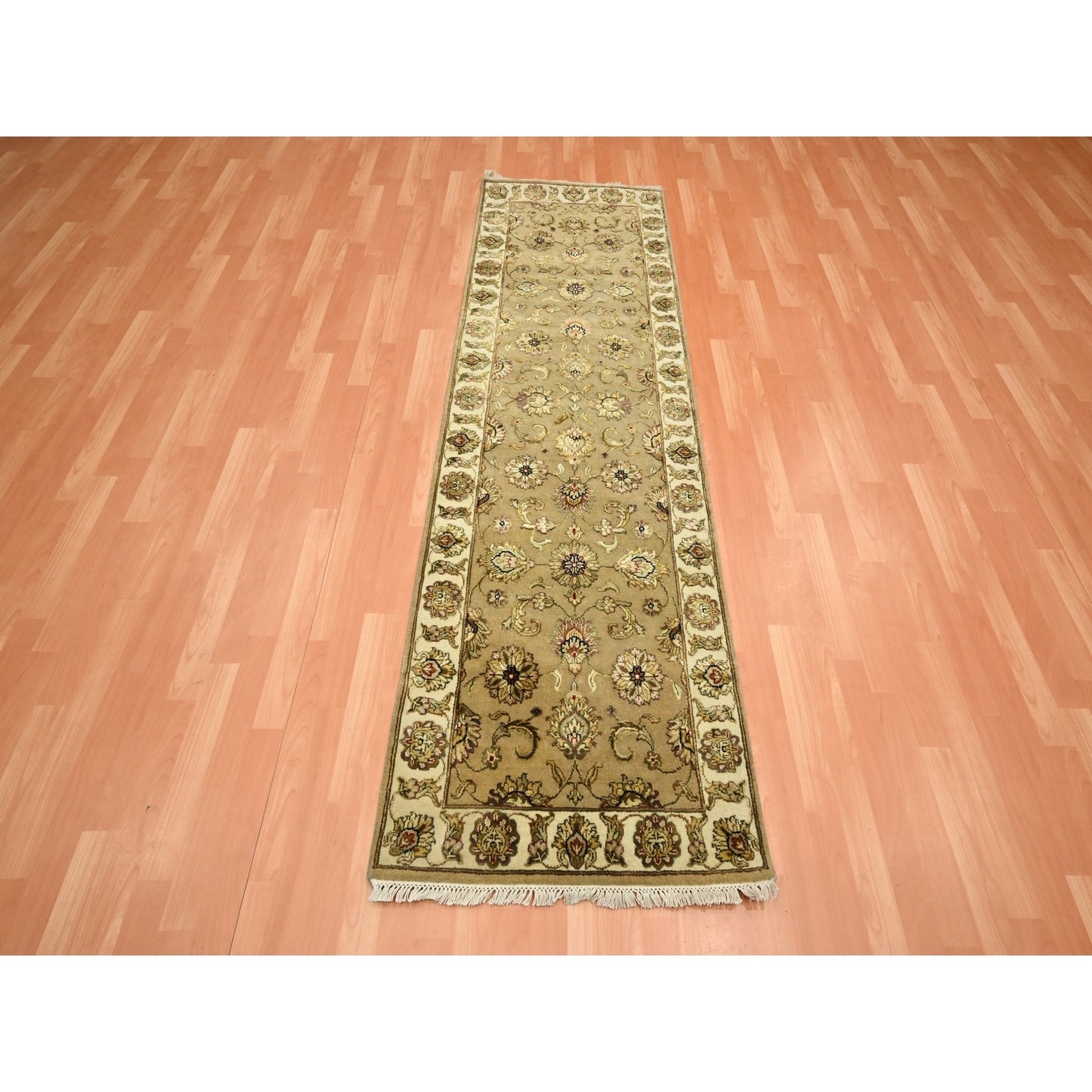 2'7"X8'1" Brown Rajasthan Leaf Design Hand Knotted Wool & Silk Runner Rug