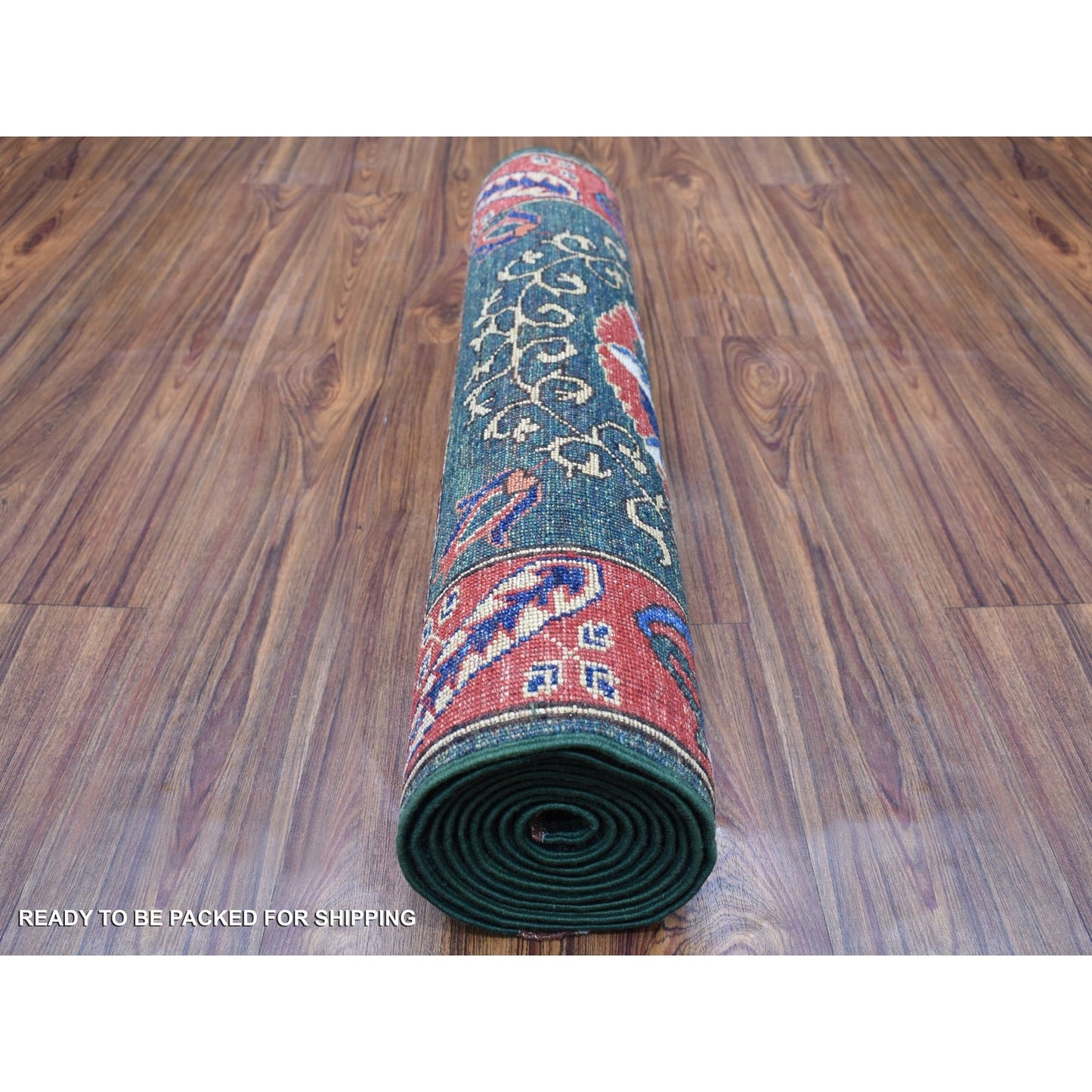 2'9"X9'7" Hand Knotted Green Afghan Turkoman Ersari Tribal Design Rug