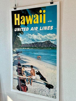 Hawaii Poster United Air Lines Ala Moana Beach Promotion Vintage Print Ultrarare