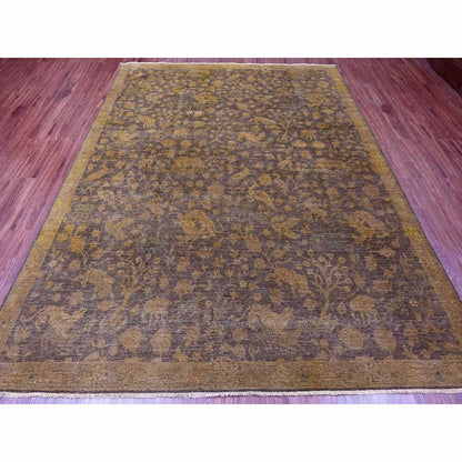 7'8"X10'1" Brown Overdyed Design Hunting Scene Pure Wool Hand Knotted Rug