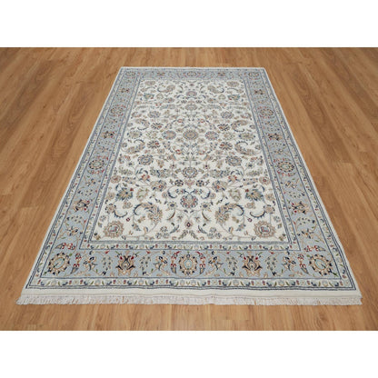 6'X9' Spring White Hand Knotted Nain With Flower Design Wool And Silk Rug