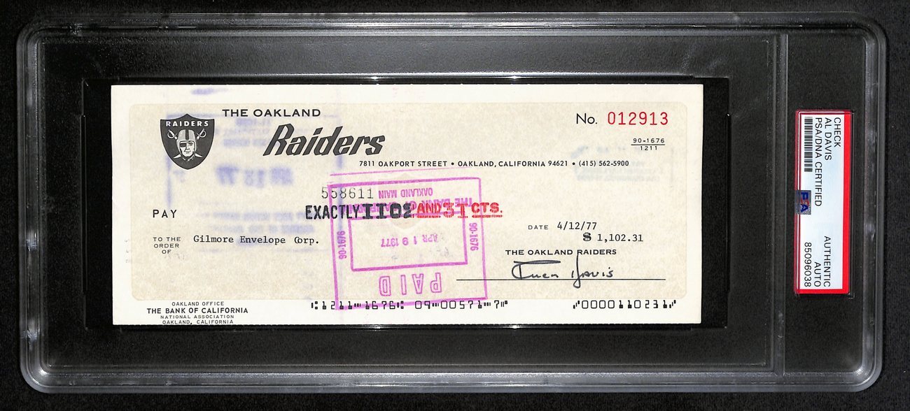 Al Davis Signed/Autographed 1977 Oakland Raiders Check Psa/Dna