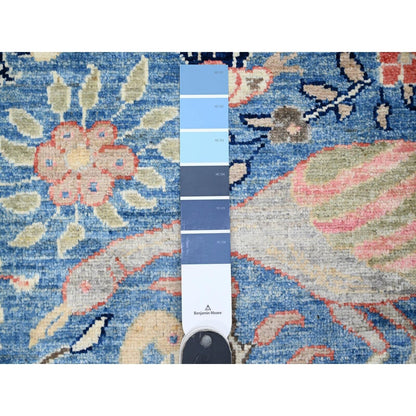 3'X21'3" Blue Afghan Peshawar Birds Design Hand Knotted Wool Runner Rug