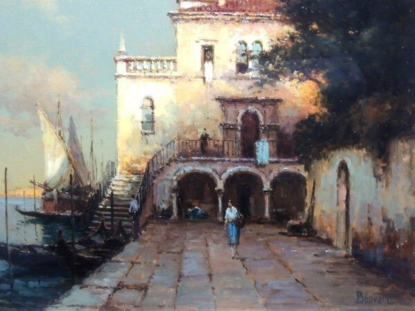 Antoine Bouvard Oil Painting Venice Canal Gondola Signed French Art