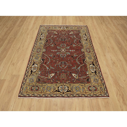 4'2"X6'2" Red Antiqued Fine Heris Re-Creation Hand Knotted Pure Wool Rug