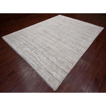 9'X12' Light Brown Moroccan Weave Erased Pattern Hand Knotted Wool Rug