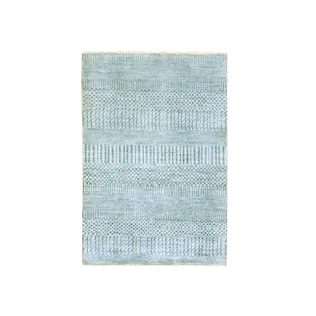 2'X3' Misty Gray Modern Grass Design Hand Knotted Wool With Silk Mat Rug
