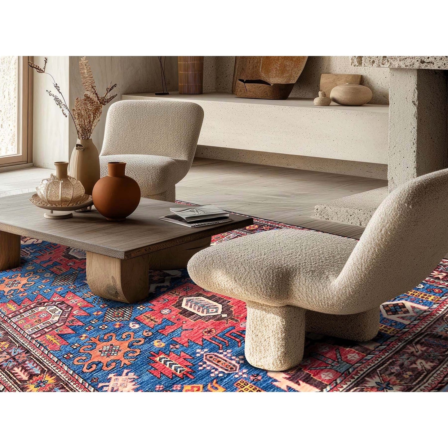 6'X7'10" Blue Afghan Caucasian Design Revival Hand Knotted Soft Wool Rug