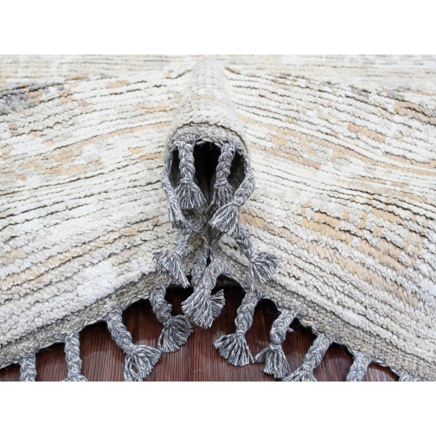 9'1"X12'5" Brown Moroccan Weave Erased Pattern Hand Knotted Pure Wool Rug