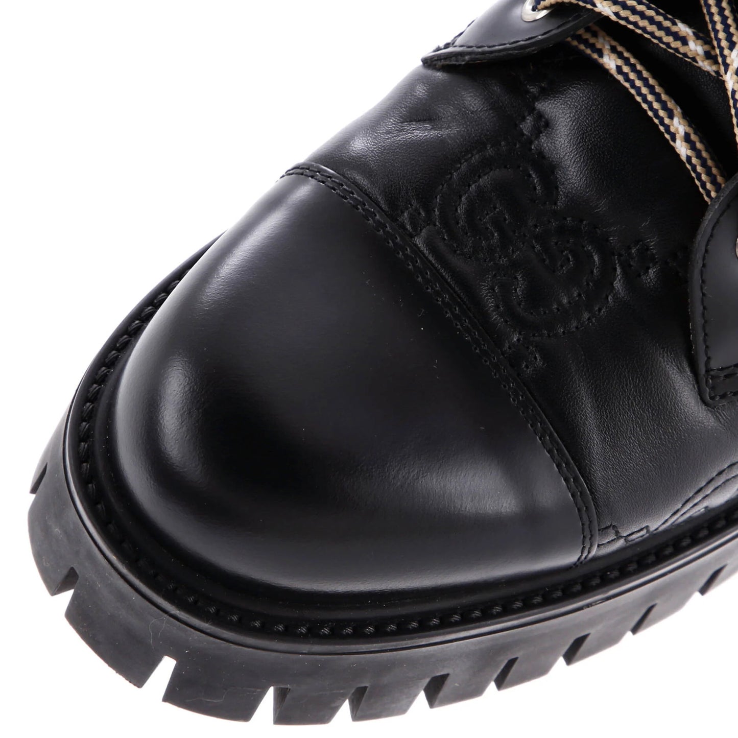 Gucci Women'S Platform Lug Sole Combat Boots Gg Embossed Leather