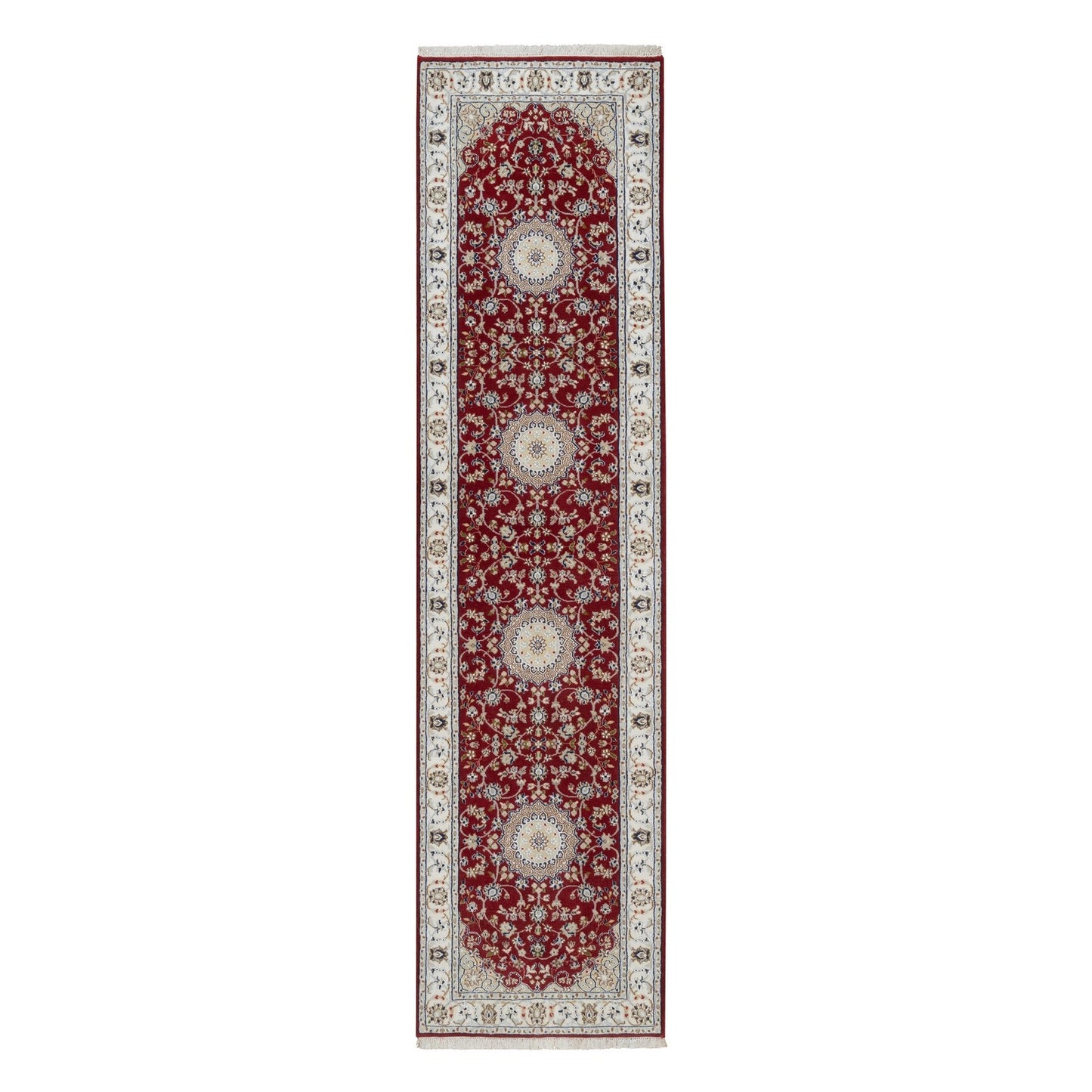 2'7"X10'3" Red Hand Knotted Nain Medallion Design Wool & Silk Runner Rug