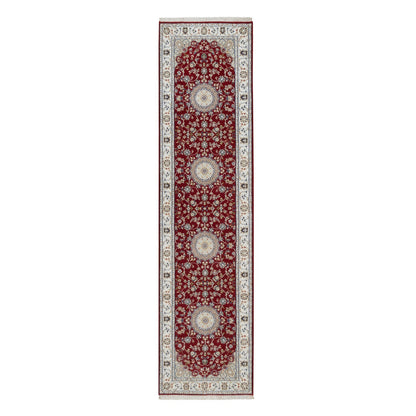 2'7"X10'3" Red Hand Knotted Nain Medallion Design Wool & Silk Runner Rug