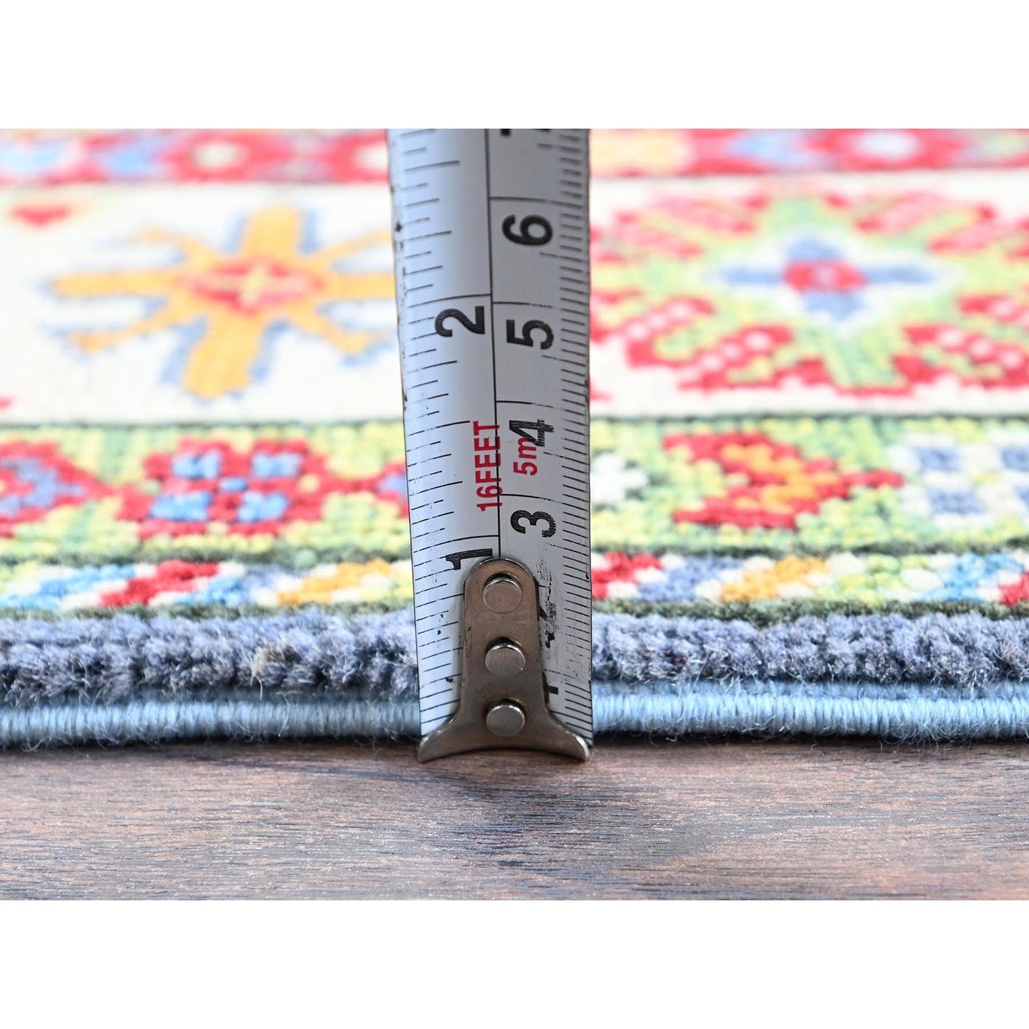 2'9"X4'1" Blue Kazak With Tribal Design Hand Knotted Soft Wool Sample Rug