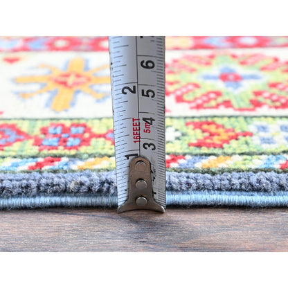 2'9"X4'1" Blue Kazak With Tribal Design Hand Knotted Soft Wool Sample Rug