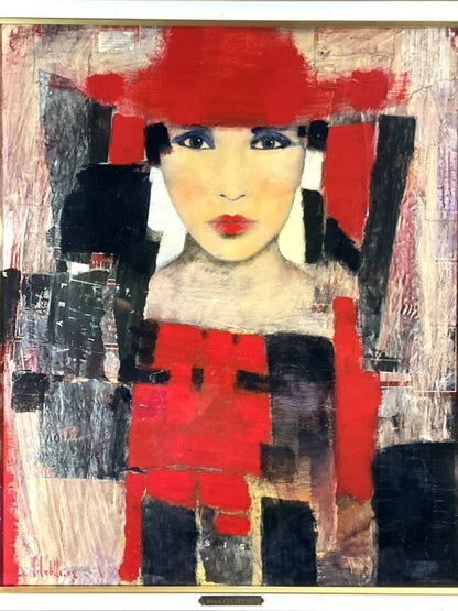 Juan Castilla Lady in Red Hat Original Mixed Media Painting | Modern Spanish