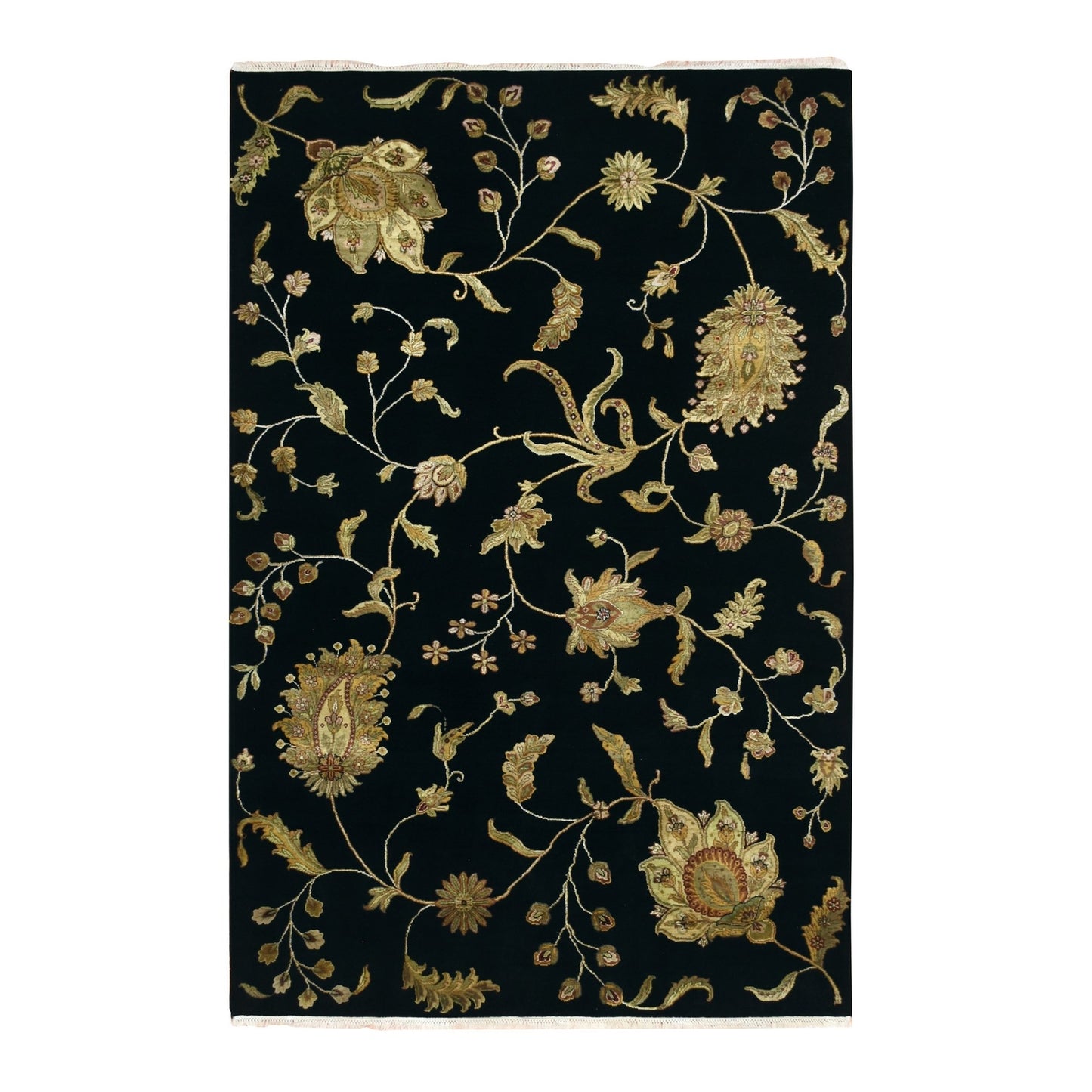 5'10"X8'10" Black Botanical Design Wool & Silk Hand Knotted Oriental Rug