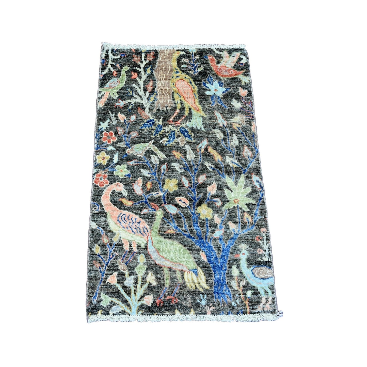 2'X3'4" Gray Afghan Peshawar Birds Design Hand Knotted Soft Wool Mat Rug