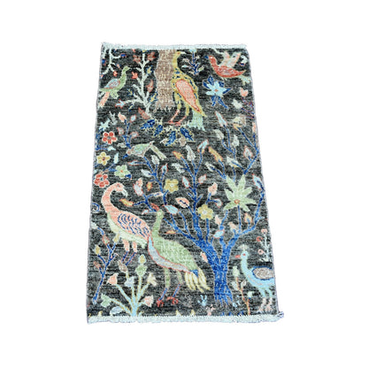 2'X3'4" Gray Afghan Peshawar Birds Design Hand Knotted Soft Wool Mat Rug
