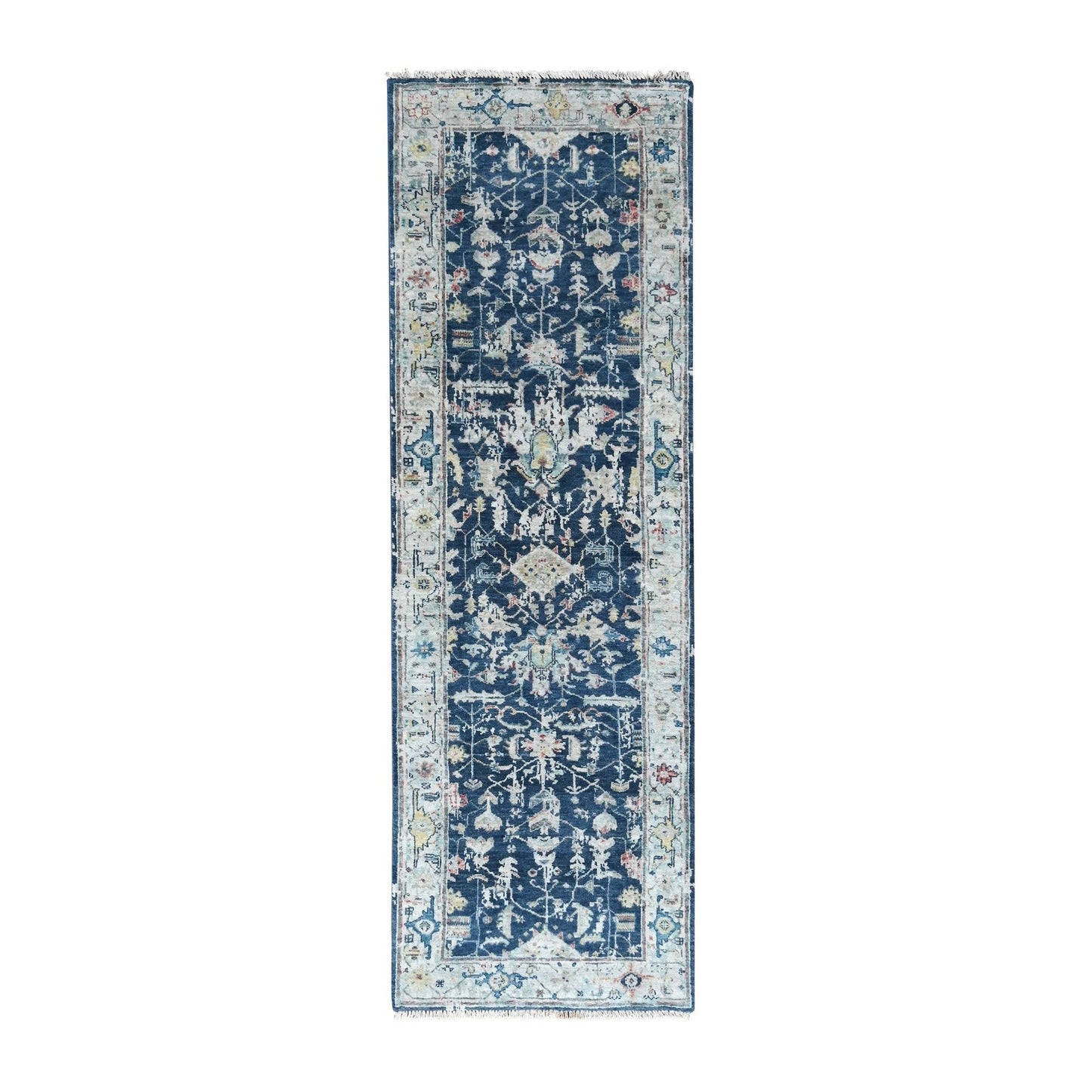 2'8"X8' Blue Erased Heriz All Over Design Hand Knotted Wool Runner Rug