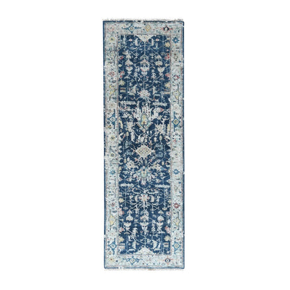 2'8"X8' Blue Erased Heriz All Over Design Hand Knotted Wool Runner Rug