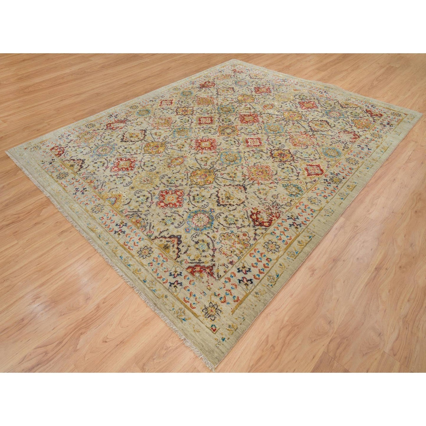 8'2"X10'2" Beige The Sunset Rosettes Hand Knotted Wool And Silk Rug