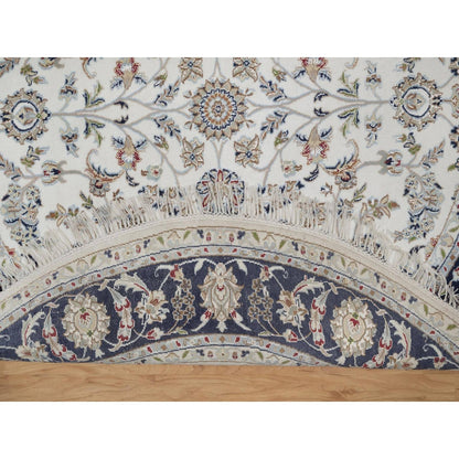 6'2"X6'2" Ivory Nain Flower Design Wool And Silk Hand Knotted Round Rug