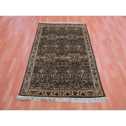 4'1"X6' Graphite Blue Pure Silk 400 Kpsi Hand Knotted All Over Design Rug