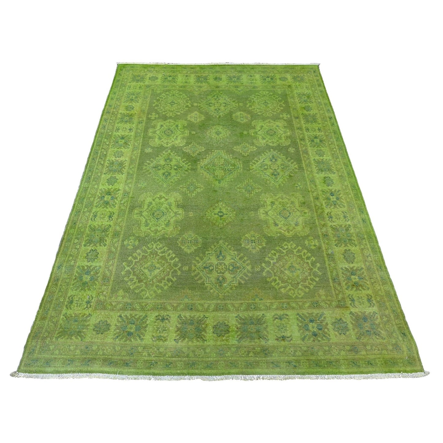 4'10"X6'9" Green Overdyed Kazak Tribal Design Pure Wool Hand Knotted Rug