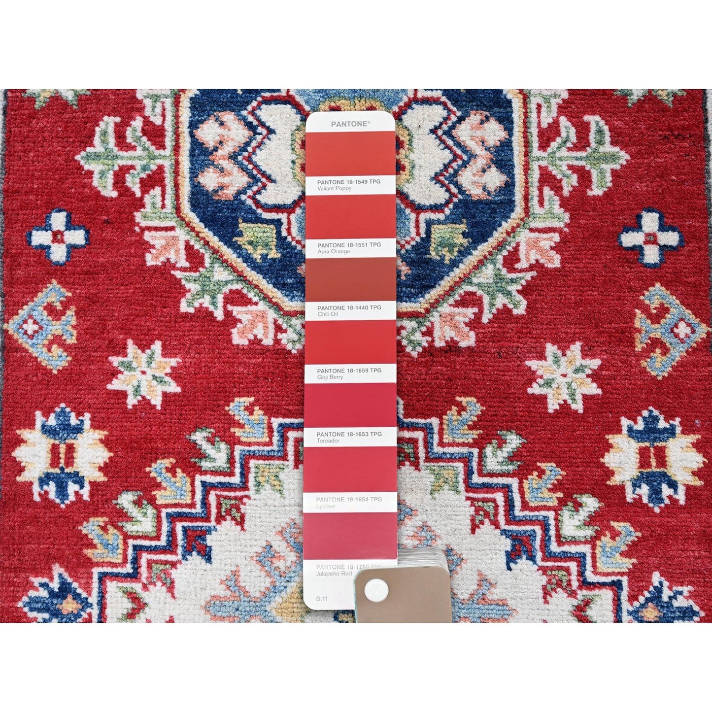 2'9"X6'6" Red Kazak With Geometric Design Soft Wool Hand Knotted Runner Rug