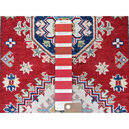 2'9"X6'6" Red Kazak With Geometric Design Soft Wool Hand Knotted Runner Rug