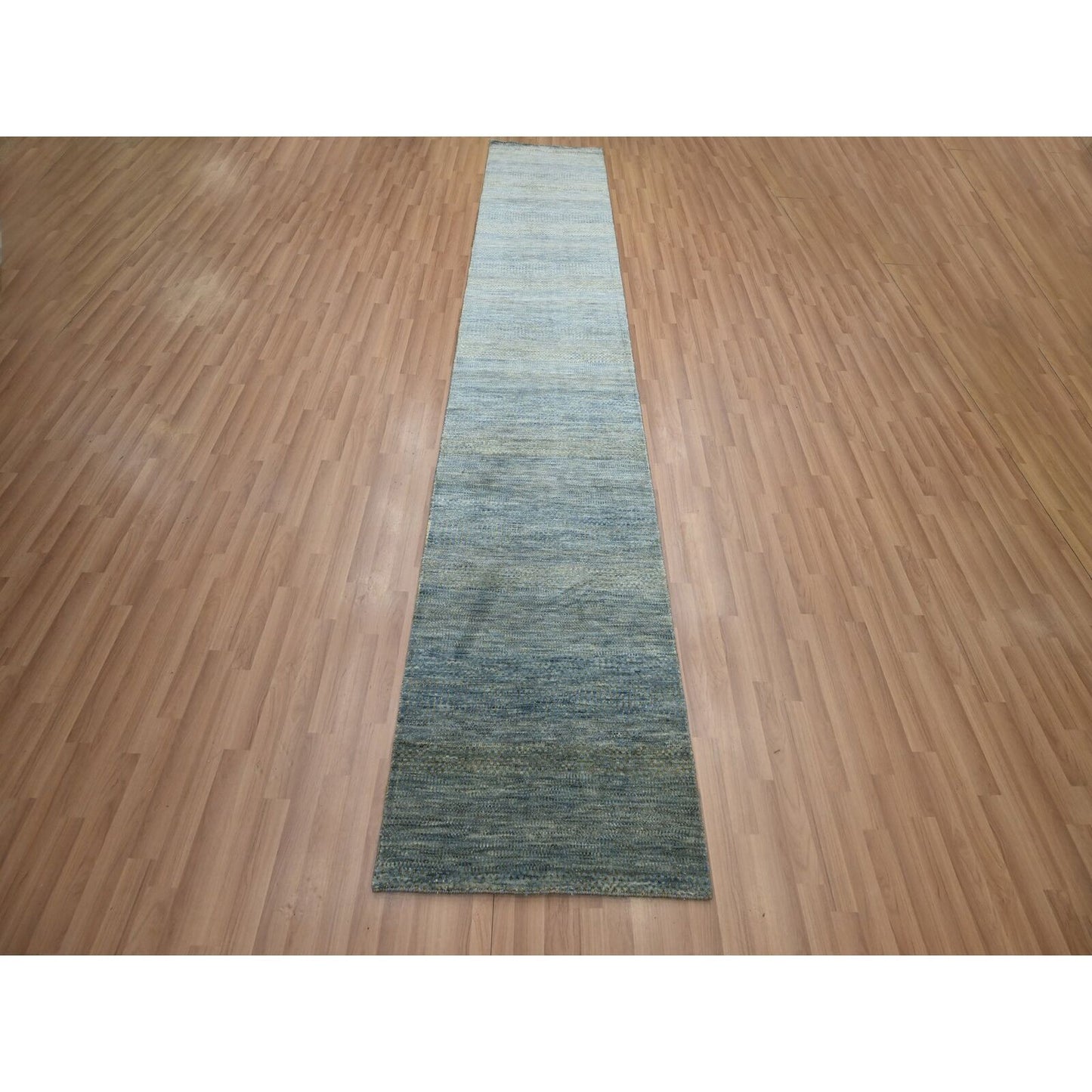 2'7"X12'3" Ensign Blue Wool And Silk Grass Design Hand Knotted Runner Rug