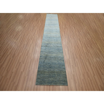 2'7"X12'3" Ensign Blue Wool And Silk Grass Design Hand Knotted Runner Rug