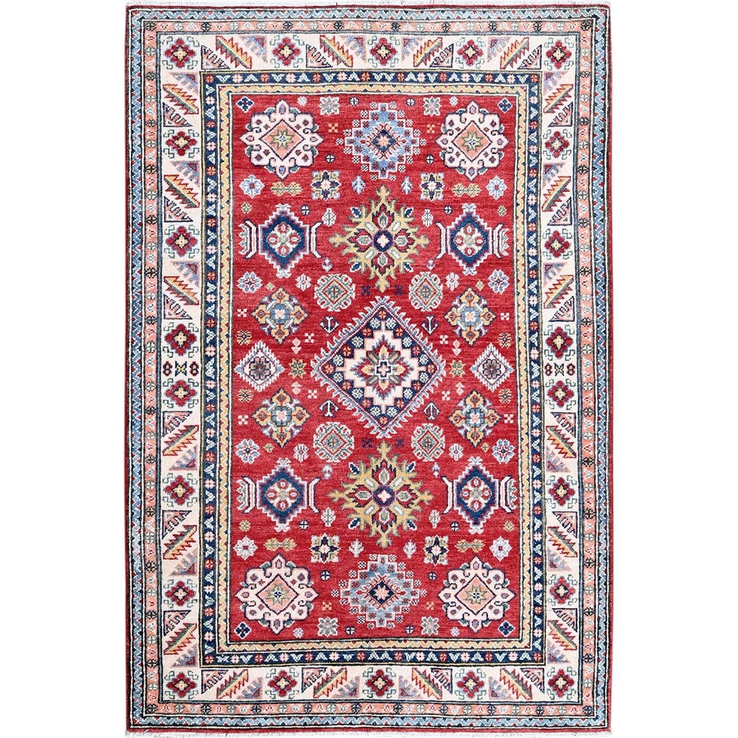 4'X6' Red Kazak With Geometric Medallions Design Soft Wool Hand Knotted Rug