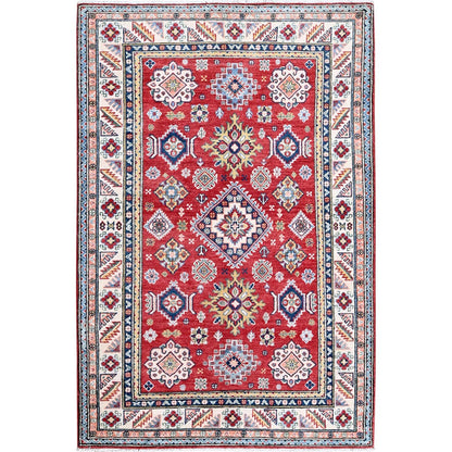 4'X6' Red Kazak With Geometric Medallions Design Soft Wool Hand Knotted Rug