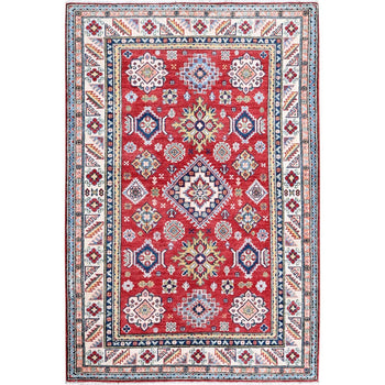 4'X6' Red Kazak With Geometric Medallions Design Soft Wool Hand Knotted Rug