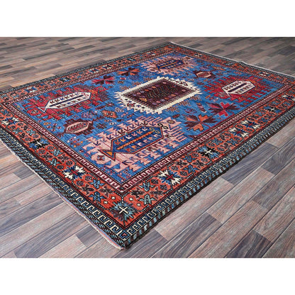6'X7'8" Blue Afghan Ersari Caucasian Design Revival Hand Knotted Wool Rug